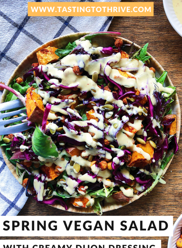 vegan spring salad with creamy dijon dressing
