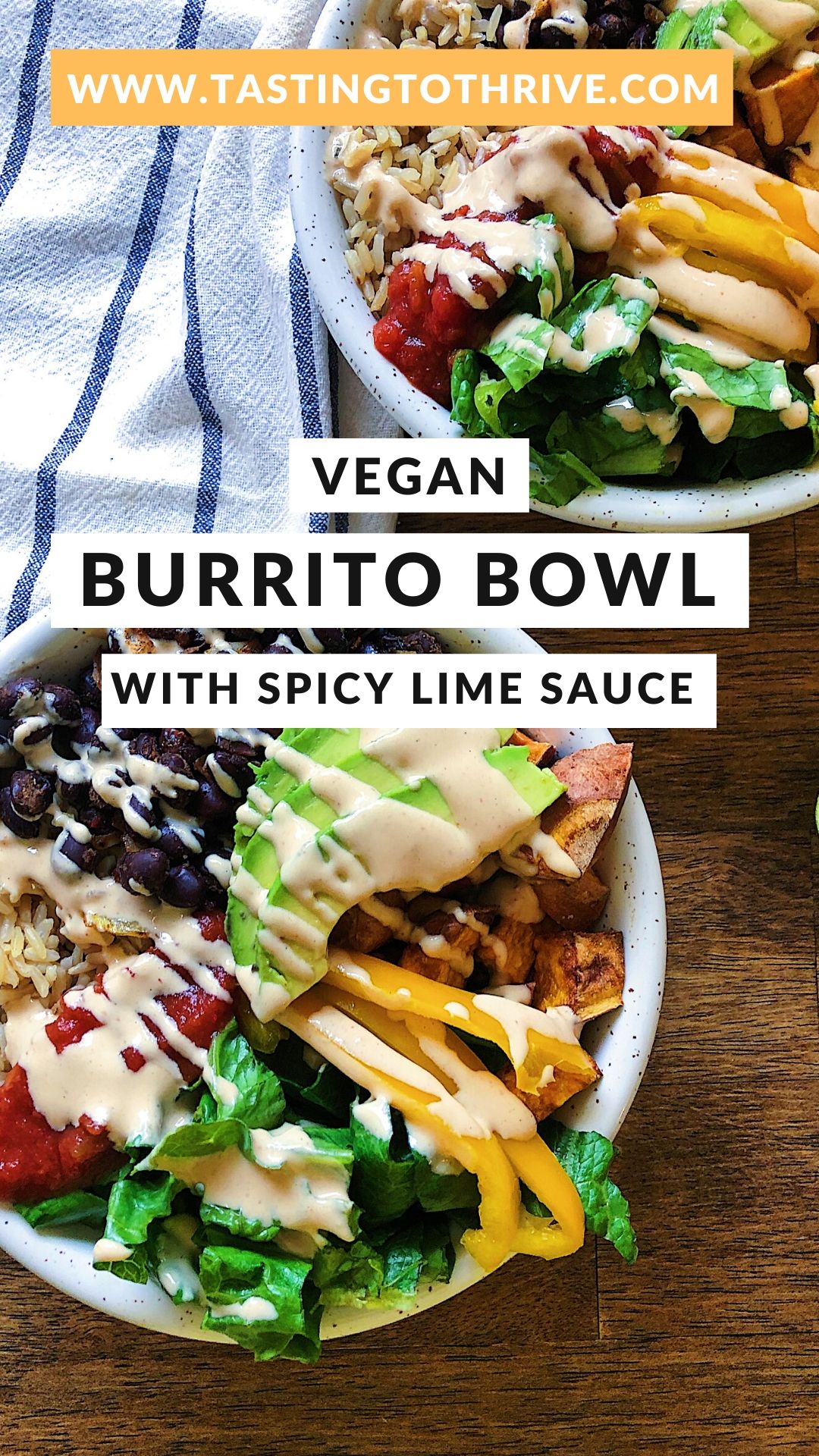 Vegan burrito bowl with spicy lime sauce