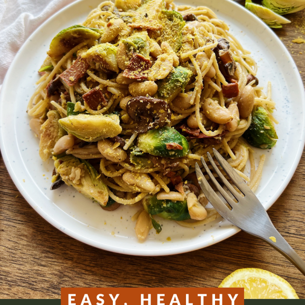 VEGAN BACON AND BRUSSEL SPROUT PASTA