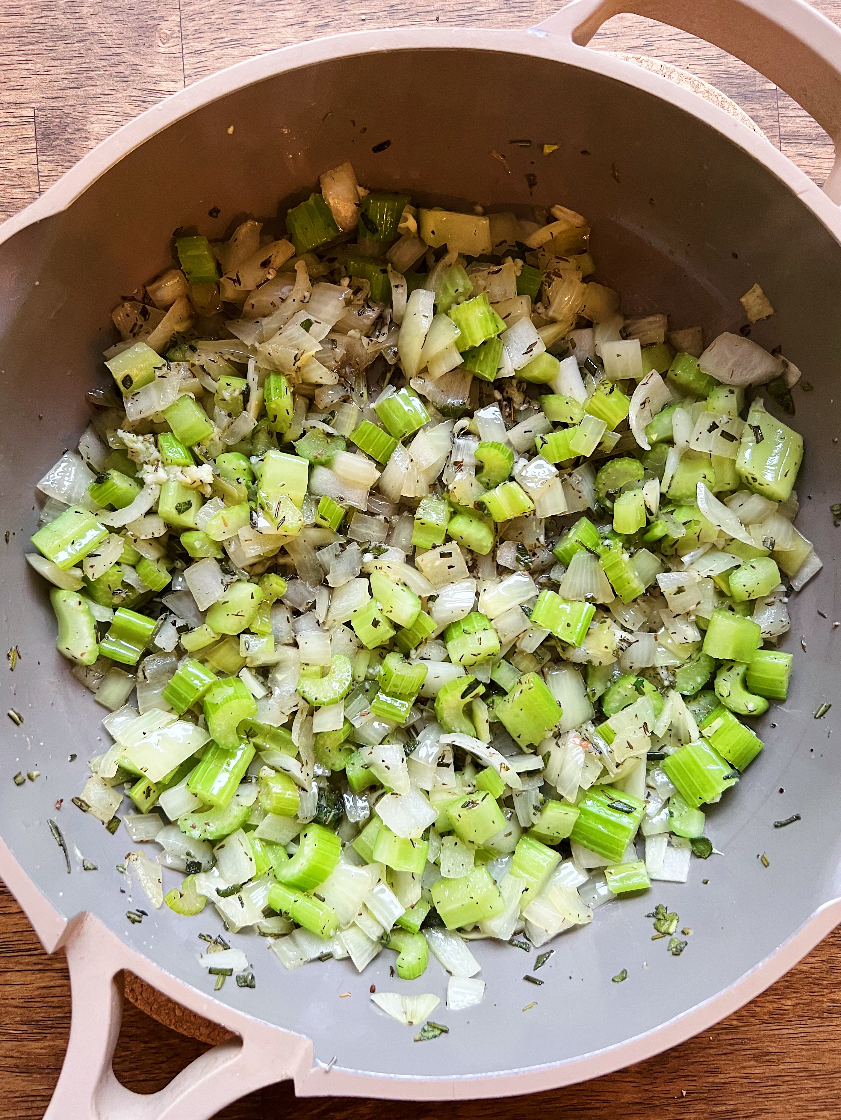 Celery and onion in a pan. 