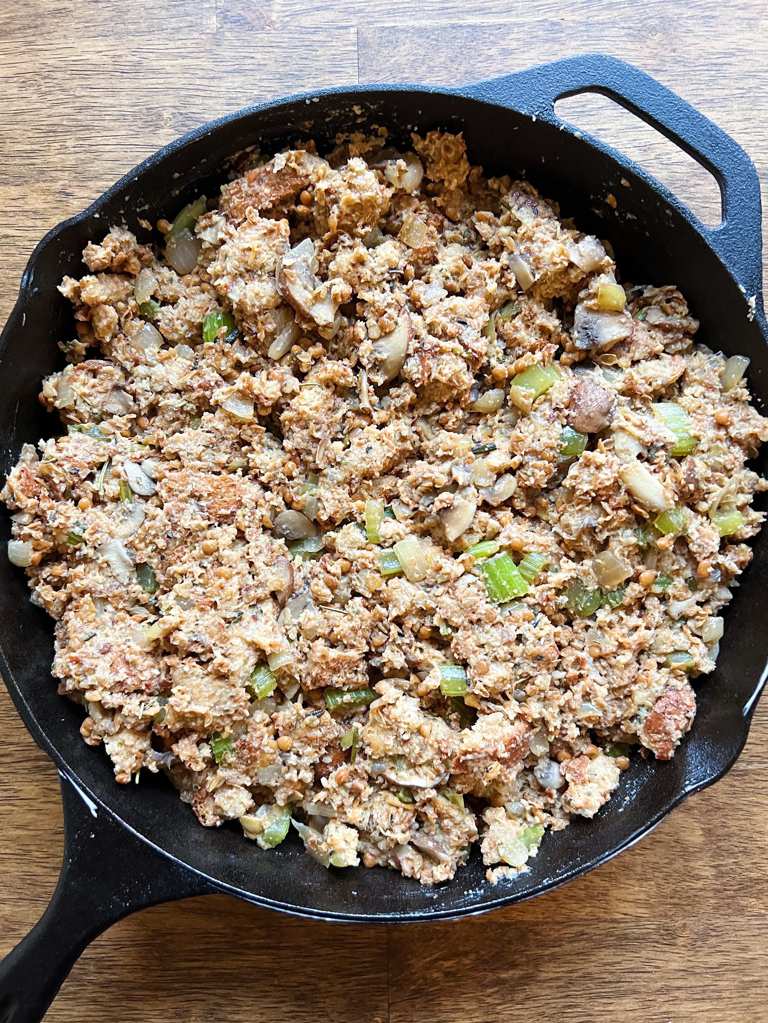 Uncooked vegan stuffing in a pan. 