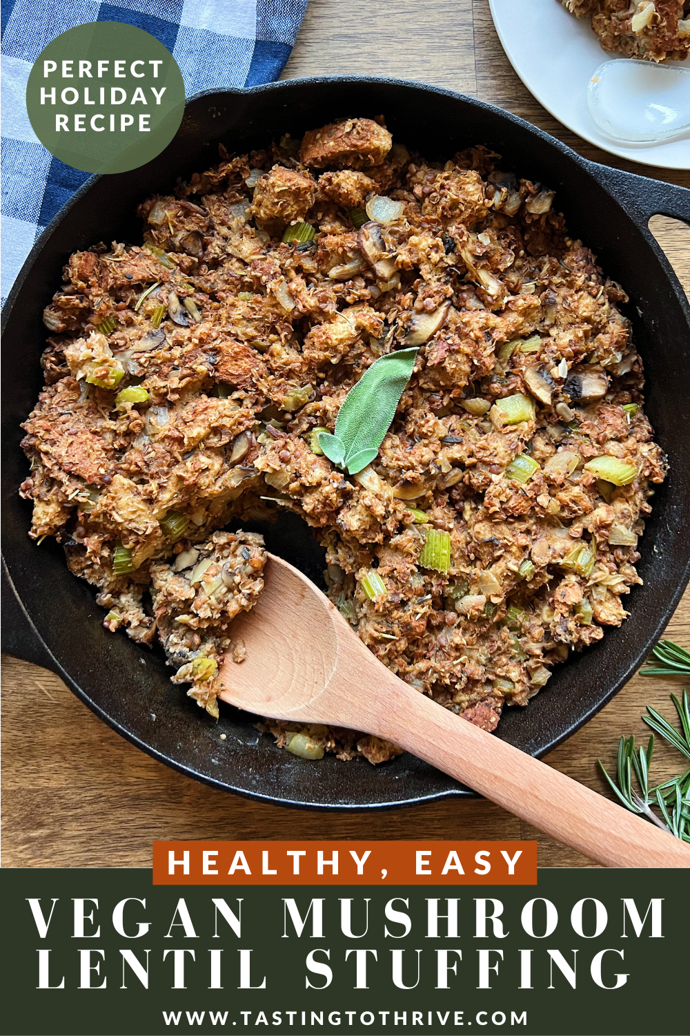 Stuffing in a pan with a wooden spoon scooping it out. 