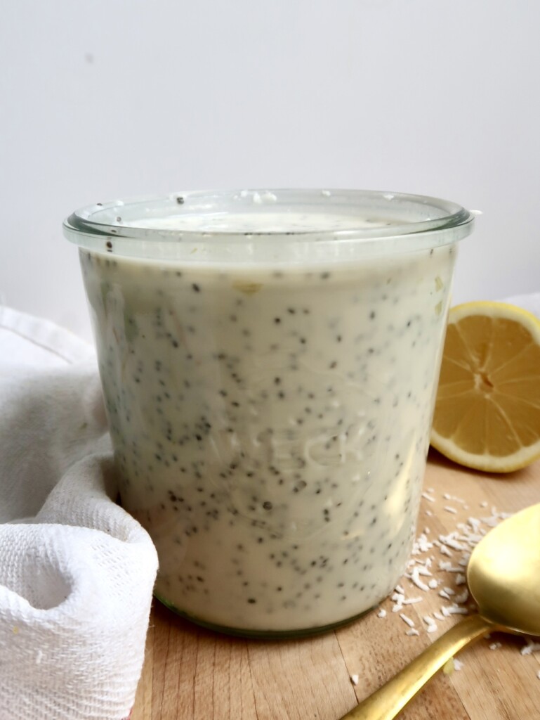 Jar with plant based milk and chia seeds.