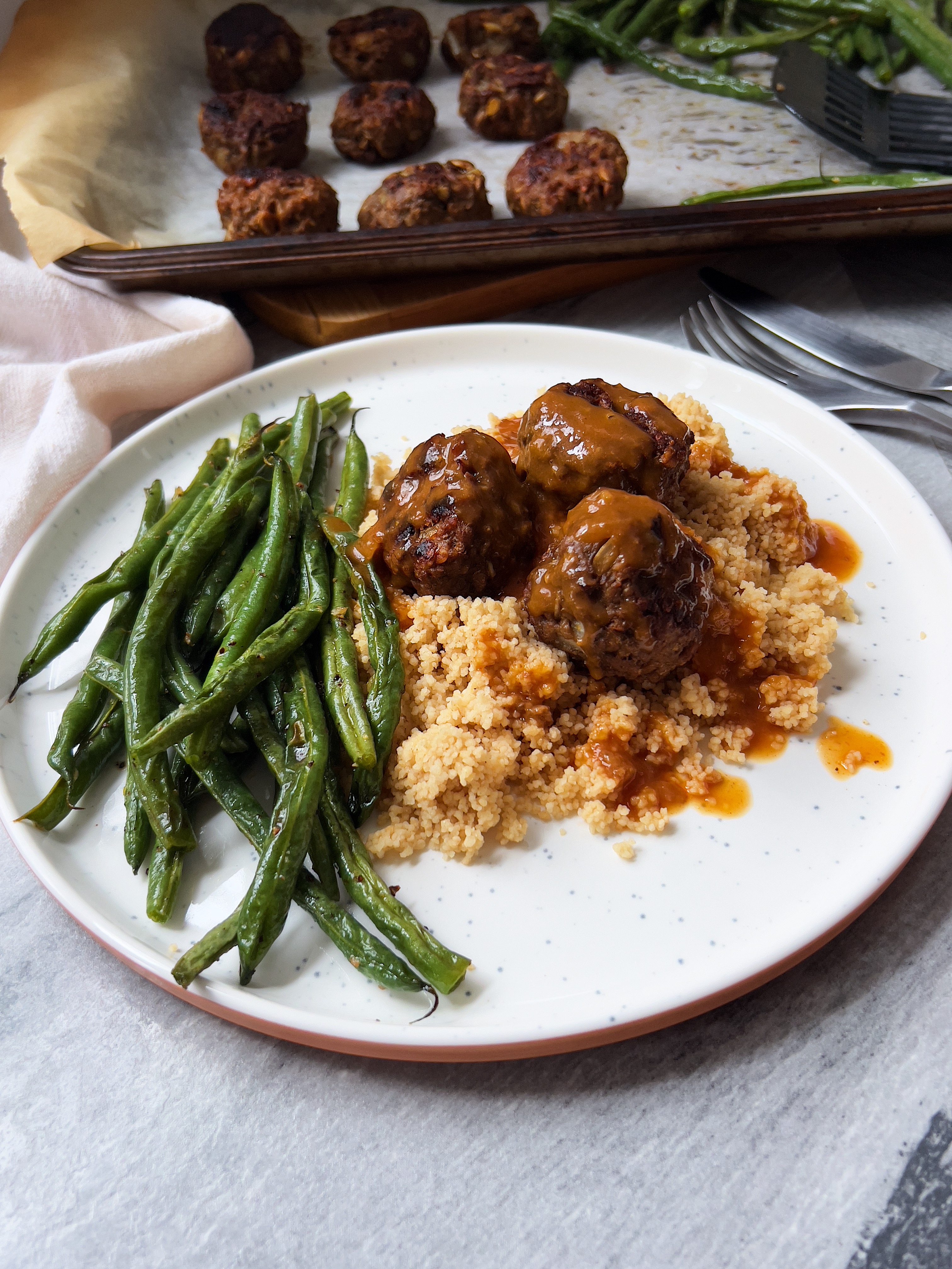 Sweet & Sour Plant-Based "Meatballs" with Garlic Green Beans