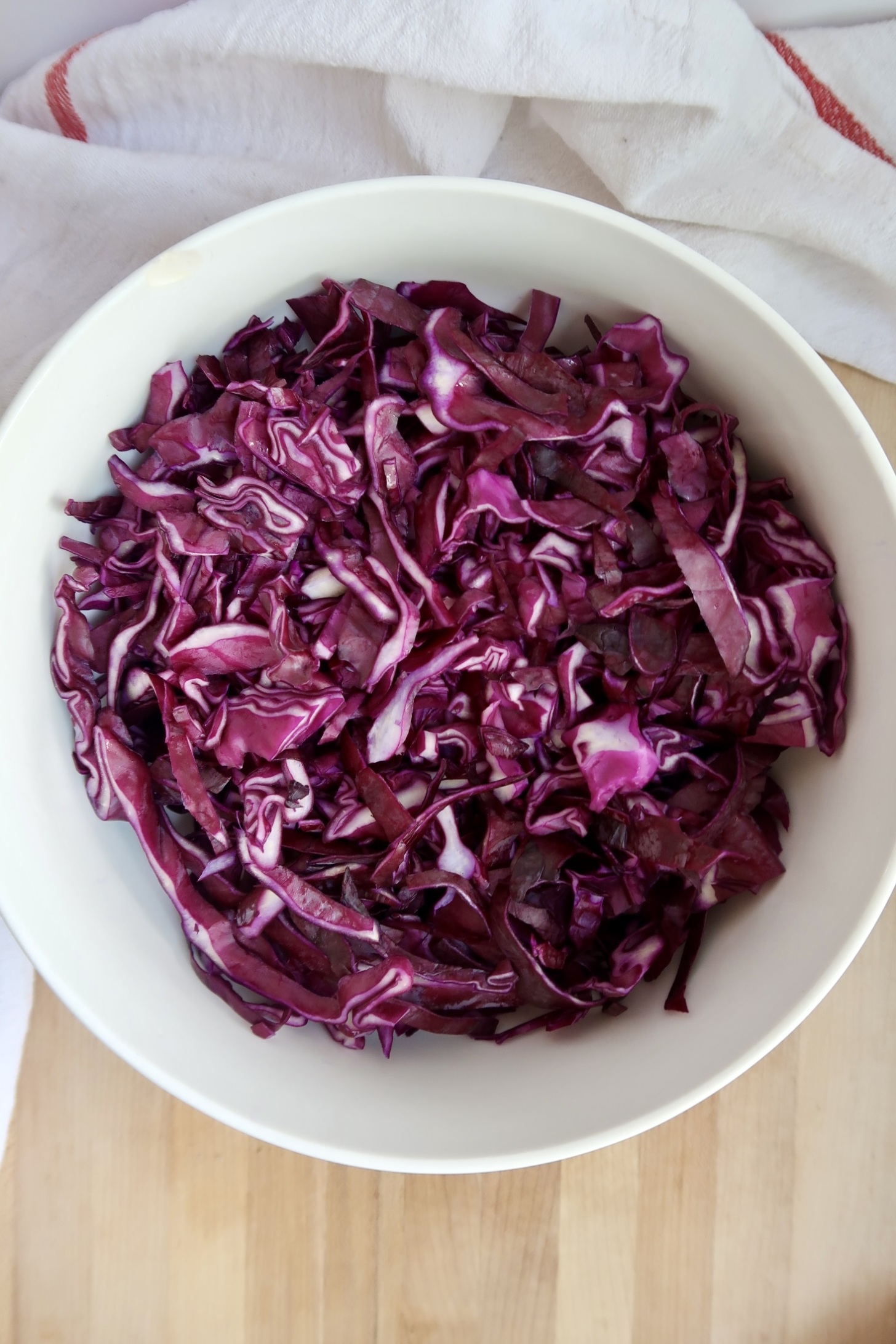 Purple cabbage salad in a bowl.