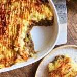 Pan with lentil shepherds pie with a square cut out