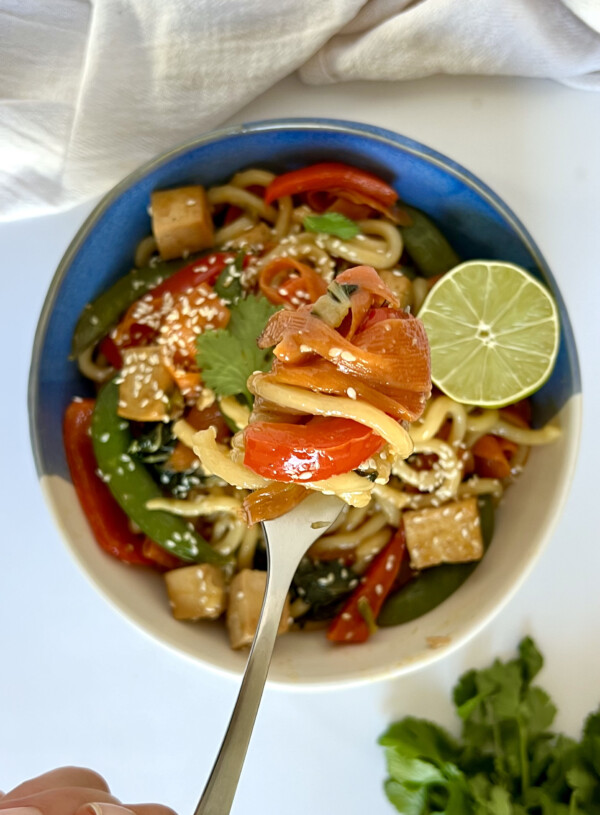White and blue bowl with udon noodles, veggies, tofu and a fork spiralled with the stir fry.