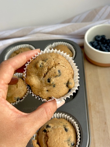 Hand holding blueberry muffin