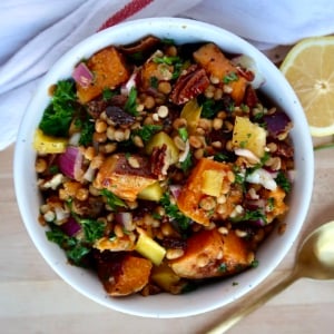 White bowl with diced sweet potato, lentils, red onion, parsley, and pecans.