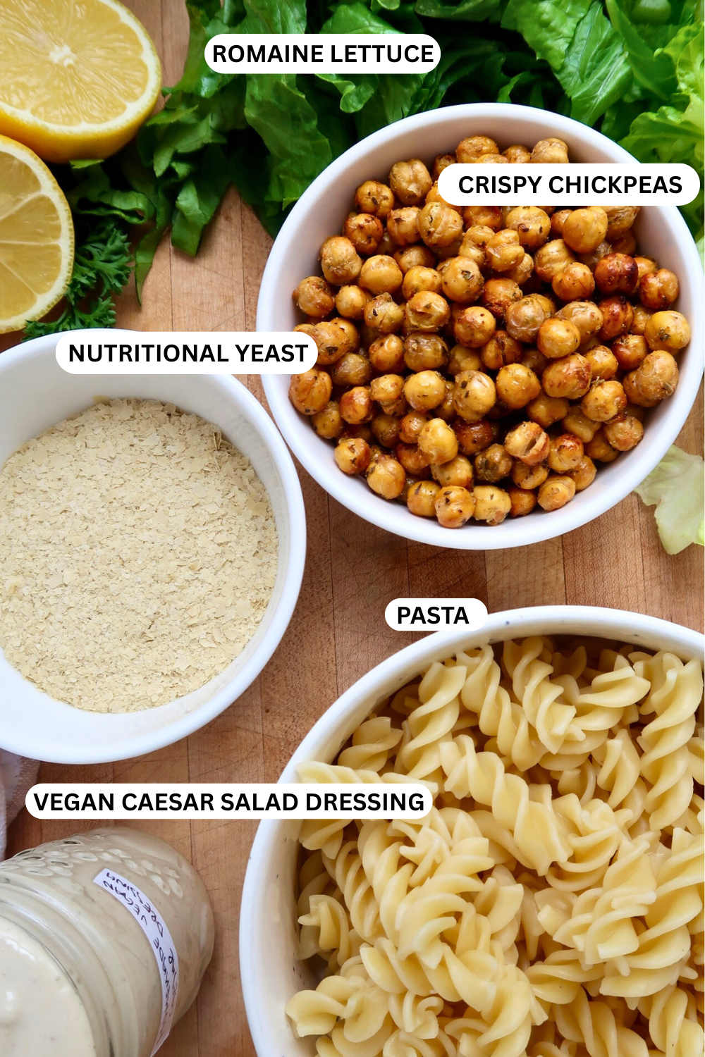 Flatlay for vegan caesar pasta salad ingredients. 