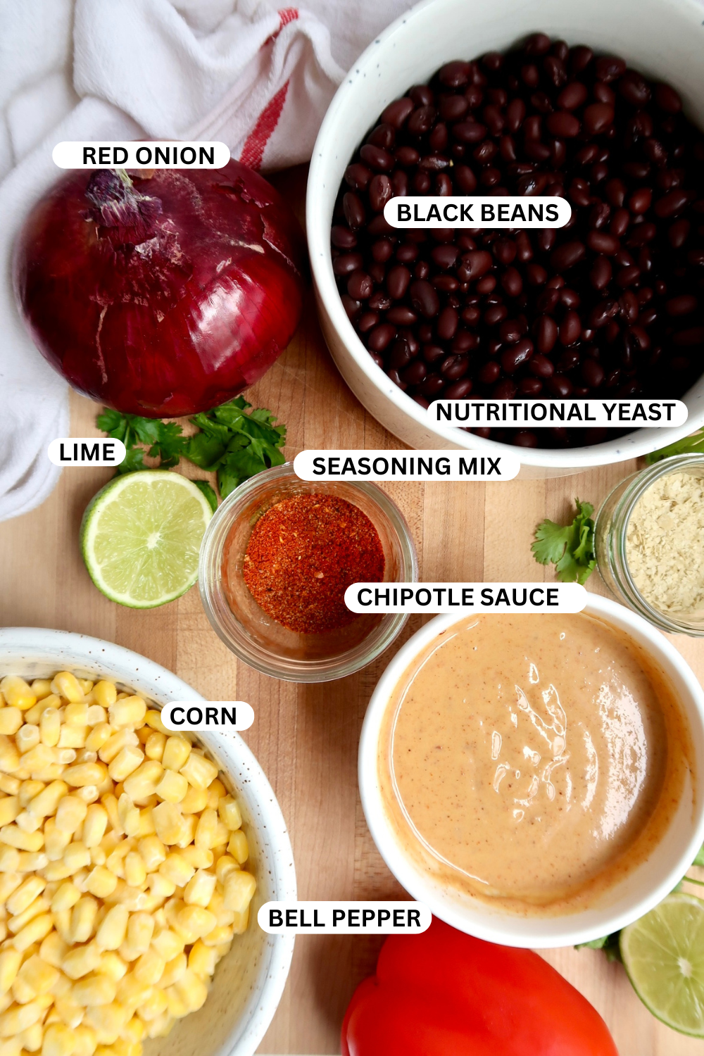 Black bean and corn salad ingredient flatlay