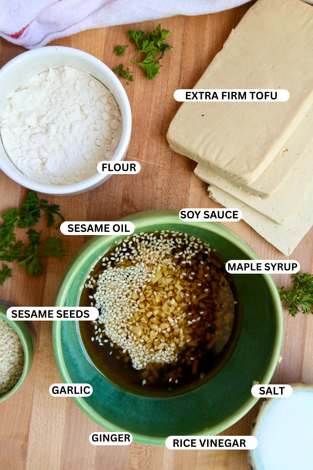 Ingredient flatlay for Ginger Sesame Tofu