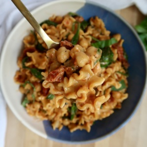 Bowl with pasta in it with spinach, sundried tomatoes and chickpeas with a spoon in it.