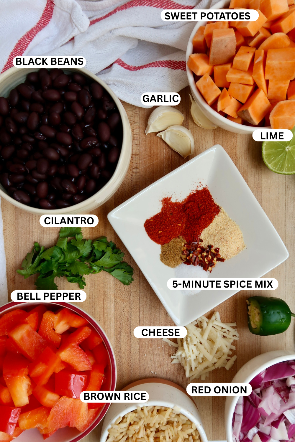 Black bean sweet potato ingredient flatlay.