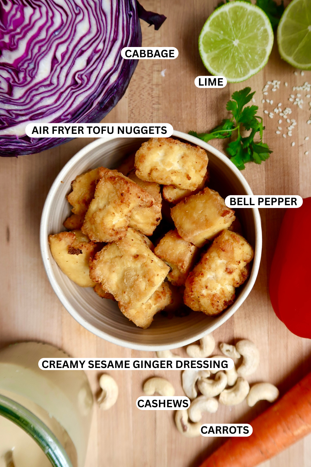 Flatlay of ingredients for Creamy Sesame Ginger Cabbage Salad