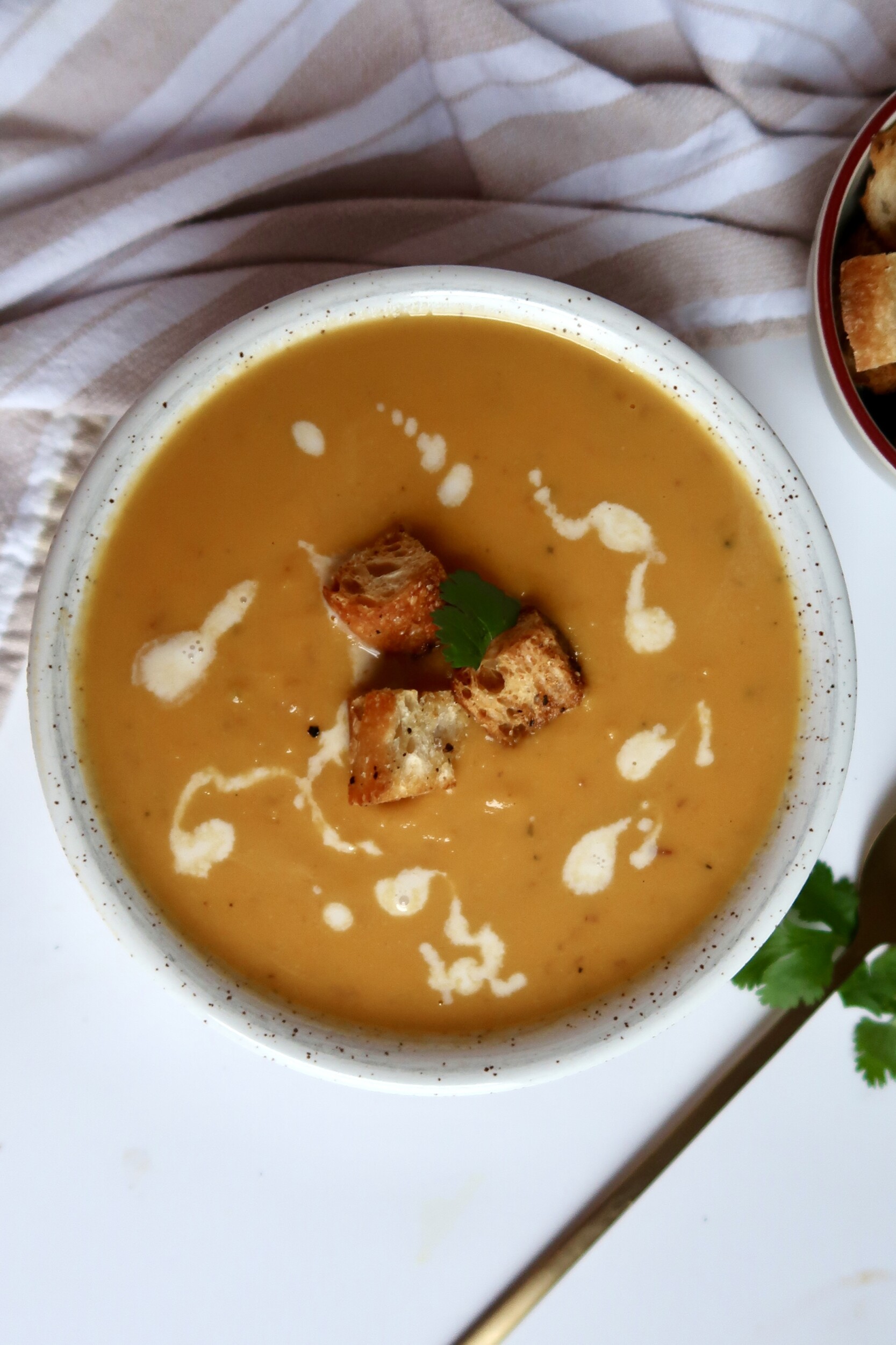 Another view of creamy soup with croutons – Garnished identically with a swirl of cream and parsley.