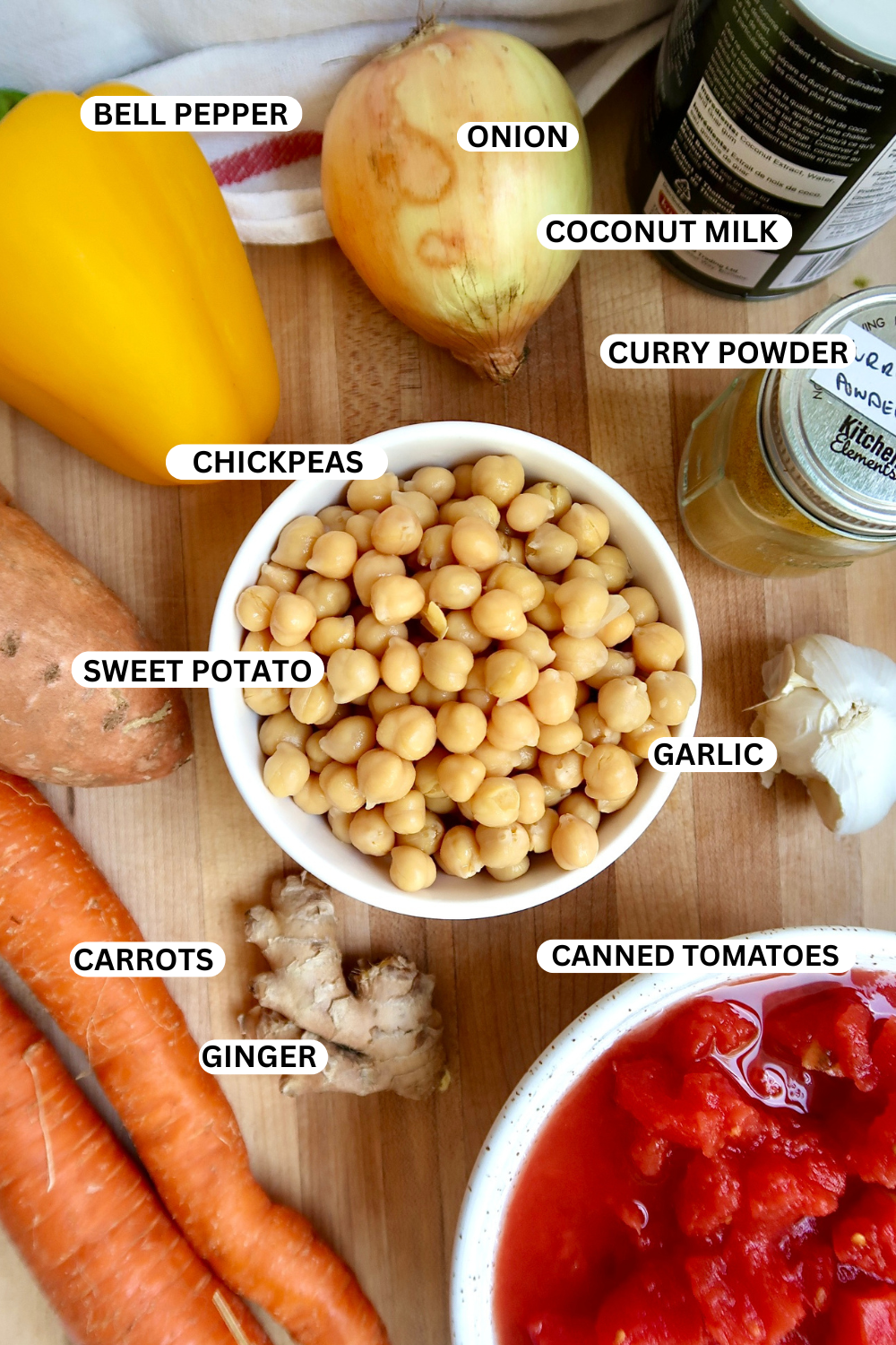 Flatlay of ingredients for sweet potato chickpea curry