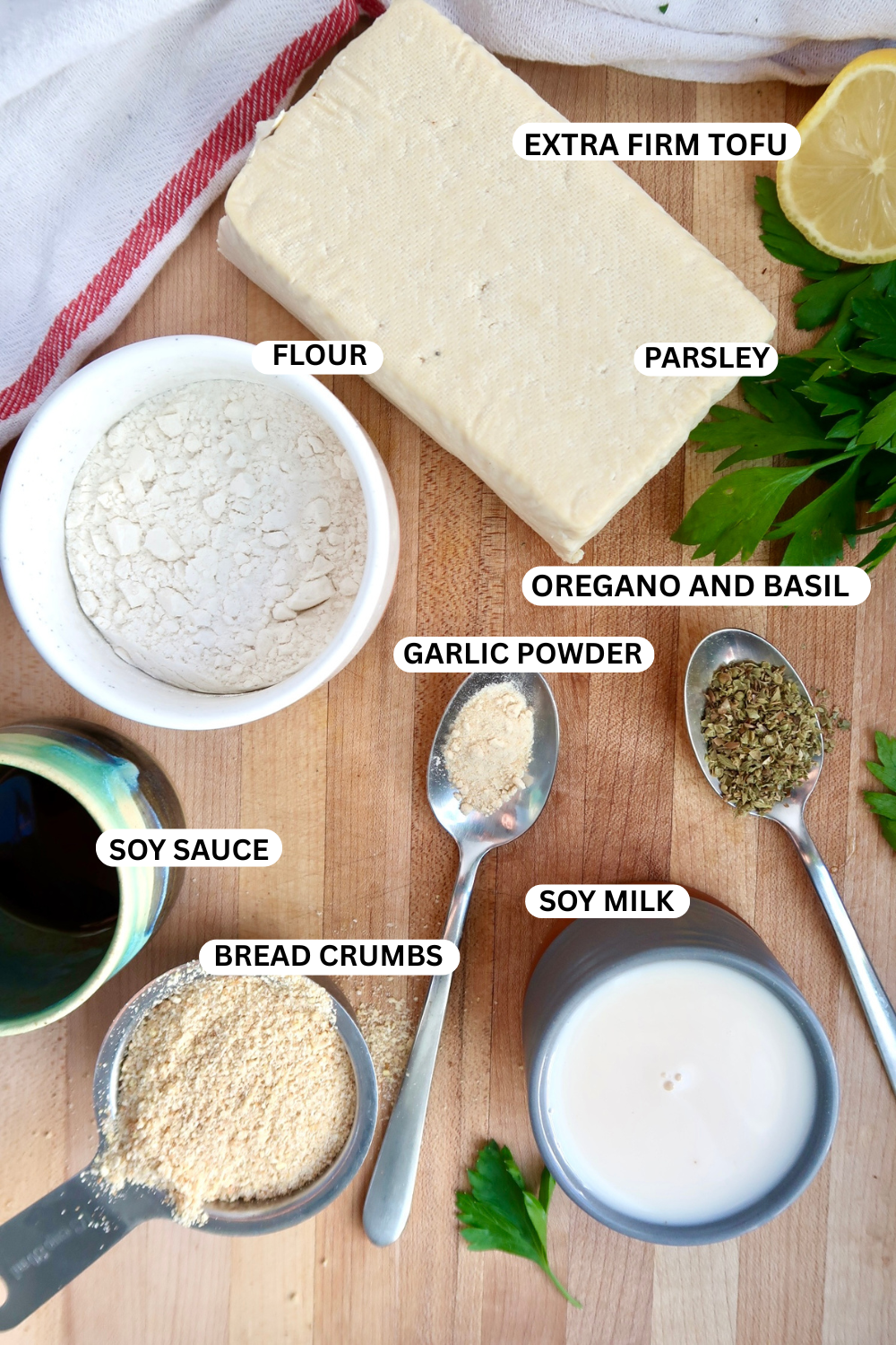 Flatlay of ingredients for breaded tofu. 