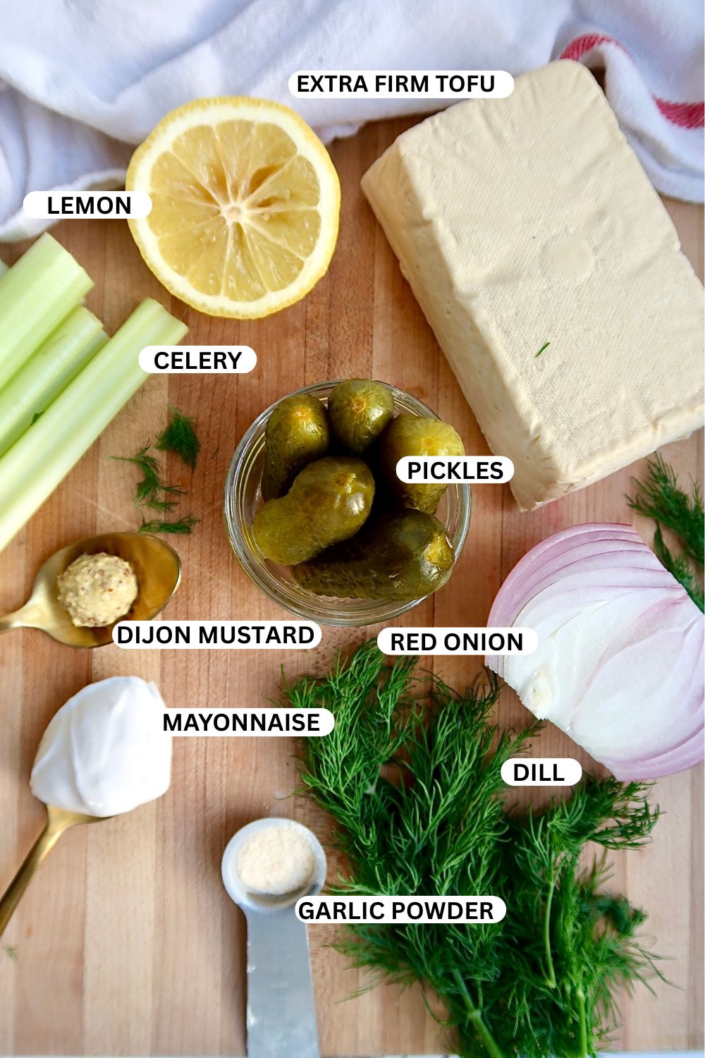 Flatlay of ingredients for tofu chicken salad.