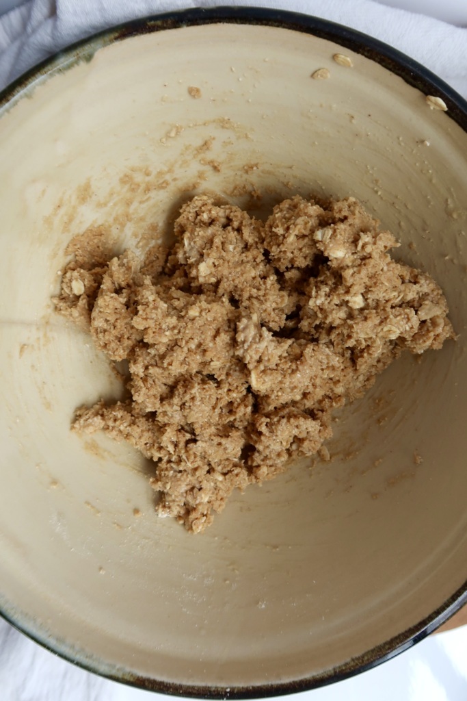A mixing bowl containing a rough, beige dough mixture, likely for cookies or baked goods, with visible oats and a slightly sticky texture.