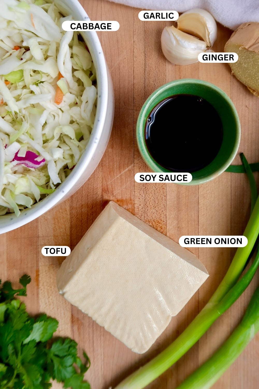 Flatlay of ingredients like tofu, cabbage, soy sauce, garlic and ginger labeled on a cutting board.