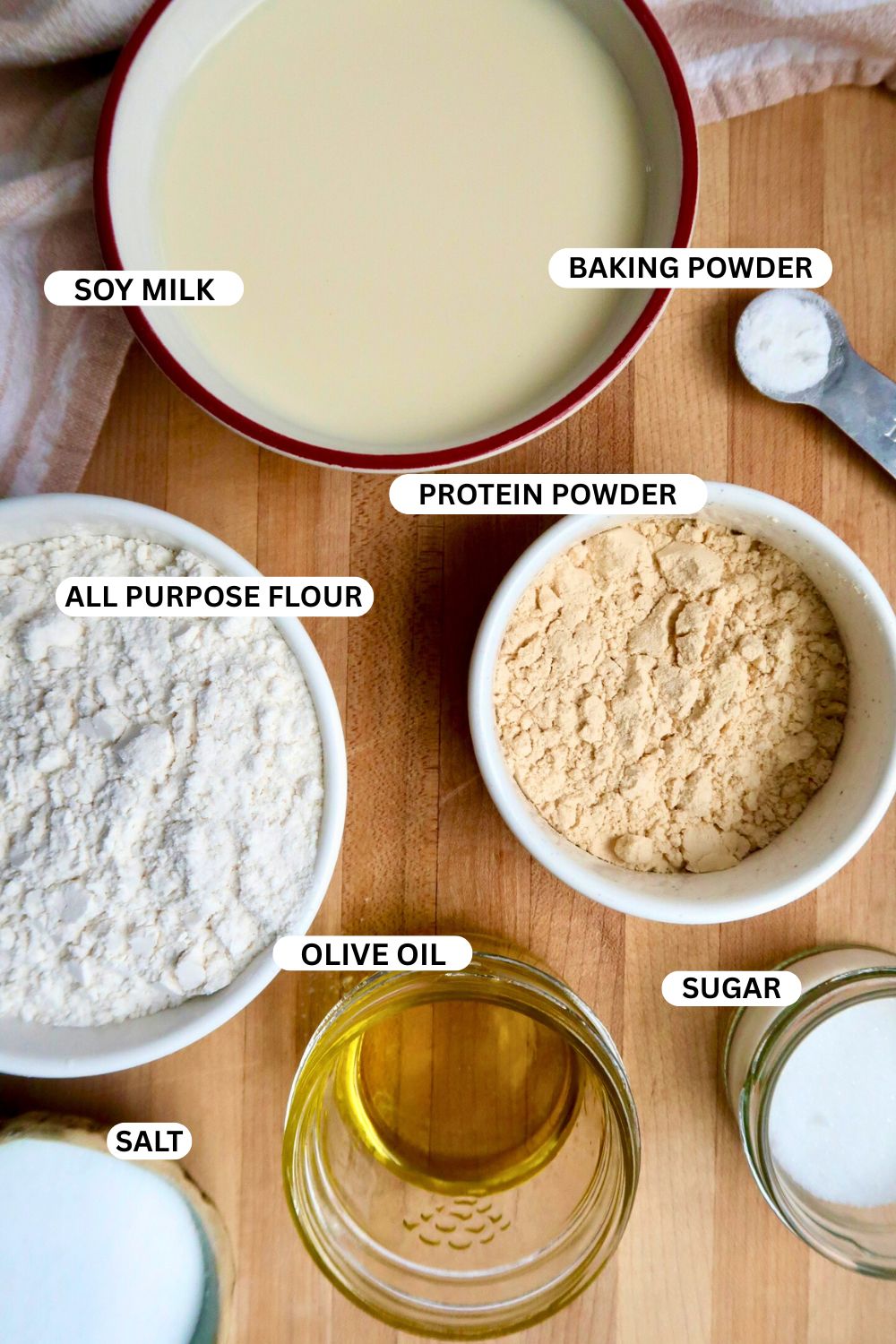 Flatlay of labeled ingredients for protein pancakes.