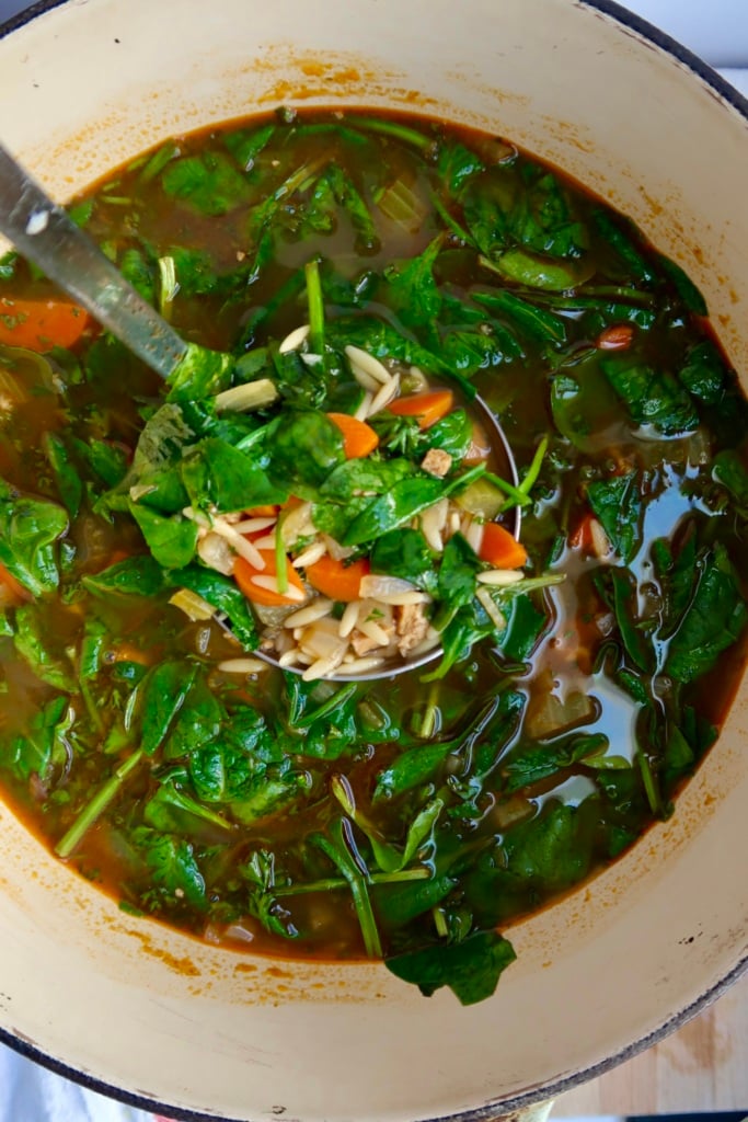 A large pot of vegetable soup with spinach, orzo pasta, carrots, and herbs. A ladle lifts a serving, showing colorful vegetables and pasta in a clear broth.