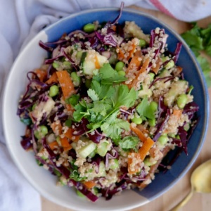 Blue and white bowl with quinoa salad with cabbage and edamame in it with cilantro on top.