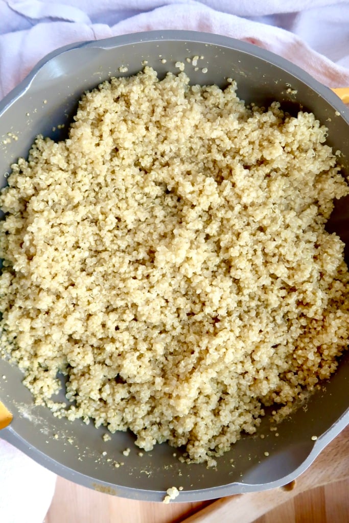 Large pot with quinoa in it.