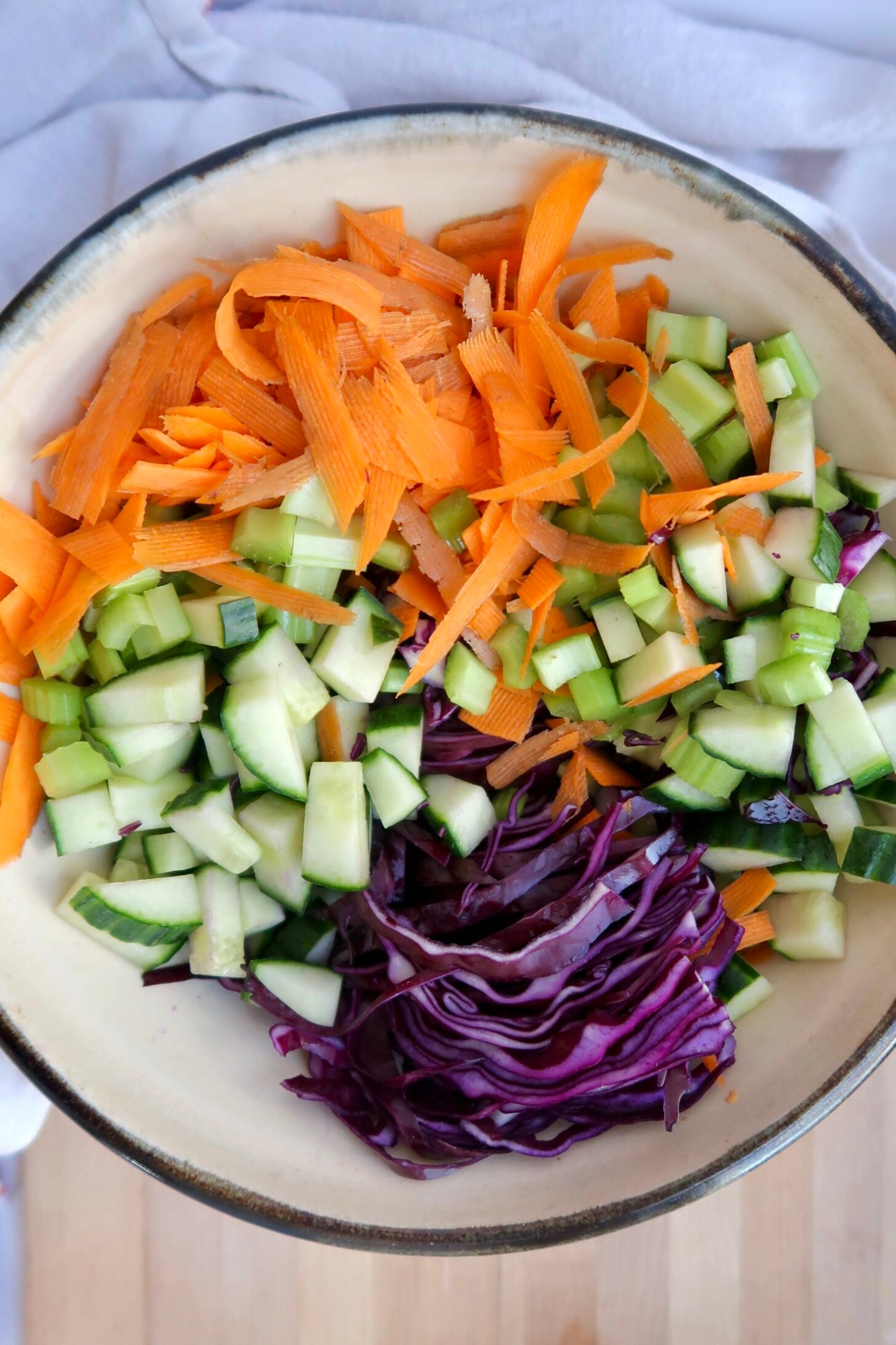 Bowl with shaved carrot, cucumber, cabbage celery.