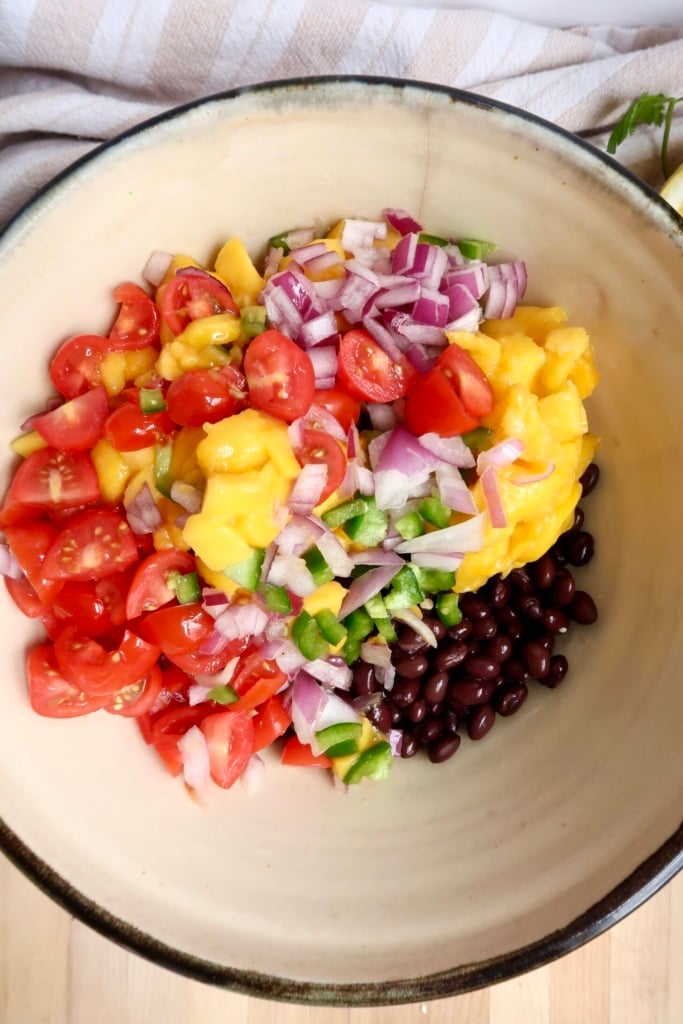 Bowl with mango, cherry tomatoes, red onion, jalapeno, black beans.