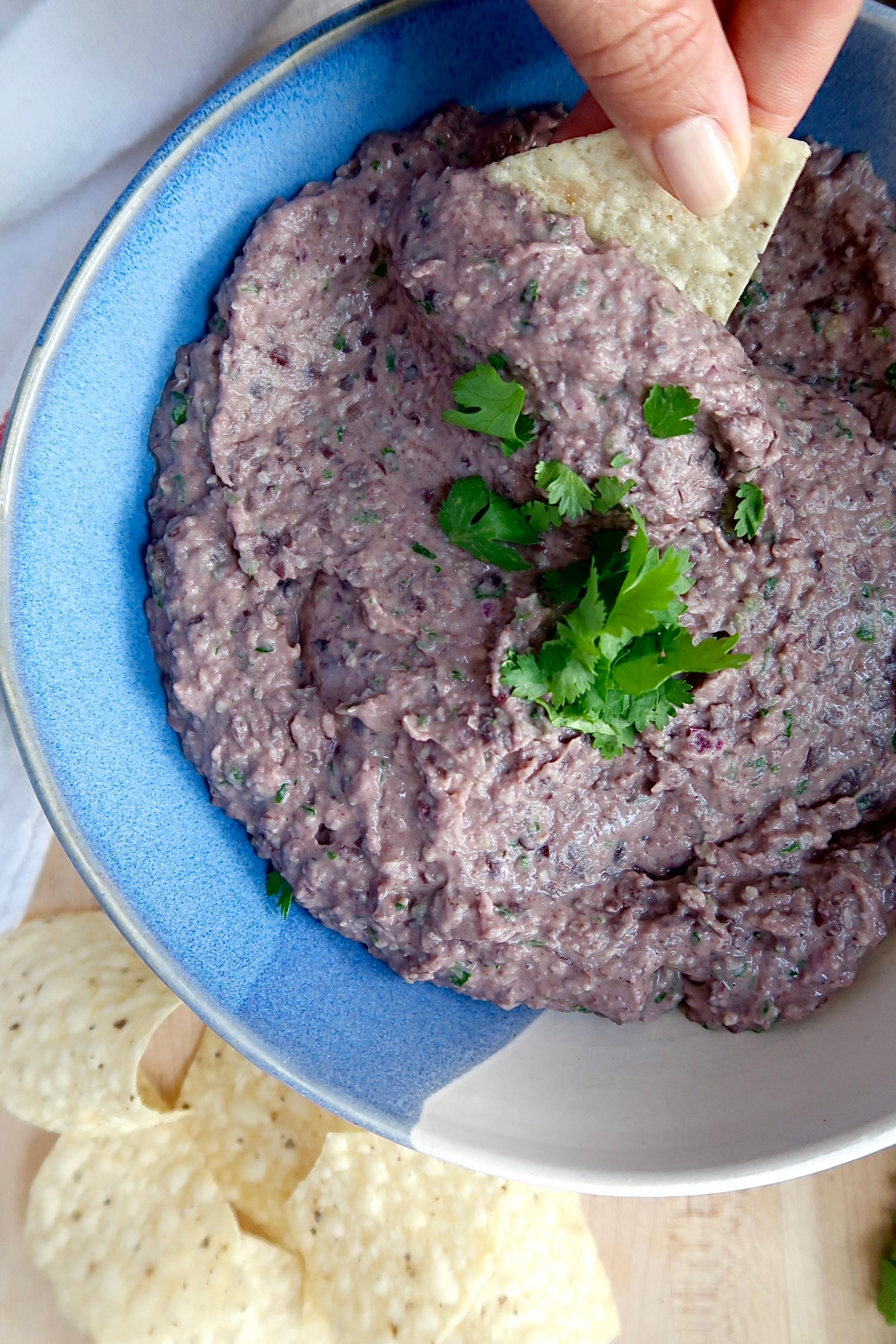 Blended black bean dip in a bowl with cilantro on top and chip being dipped inside.